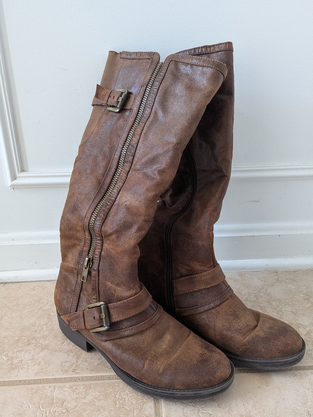 BareTraps Brown Mid-Calf Buckle Zip Heeled Boots